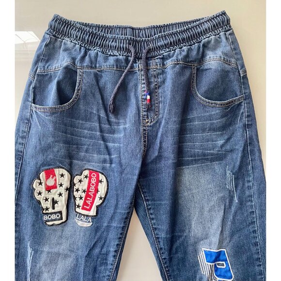 Y2K Jeans, Size L, Jeans with Patches, Drawstring Jeans, Lala Bobo - Picture 4 of 11